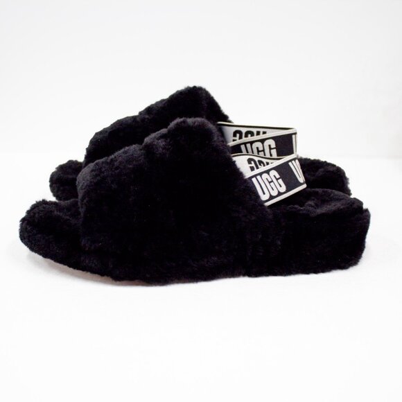 UGG OH FLUFFITA Platform Slide Black /UGG Logo Shearling Slipper Women's Size 10 - Picture 5 of 9